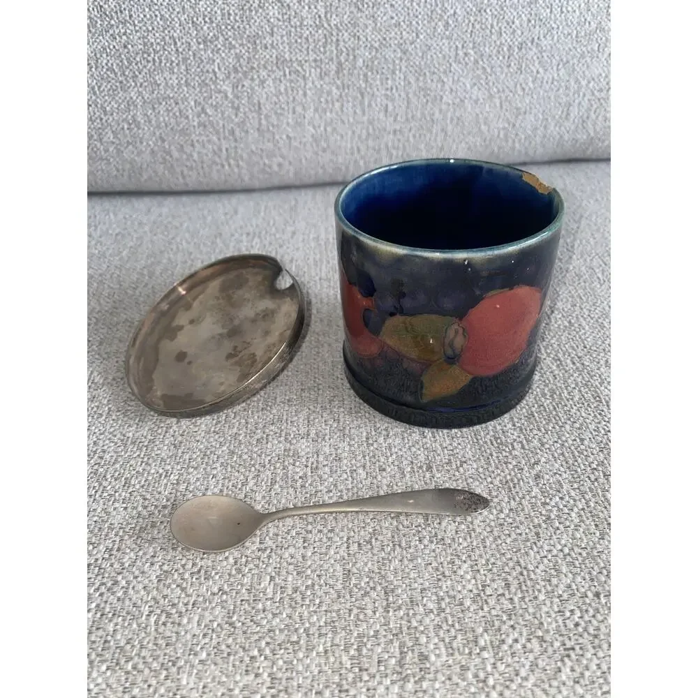 Rare Vintage Moorcroft Sterling Silver Art Pottery Jar & Spoon Antique Sugar